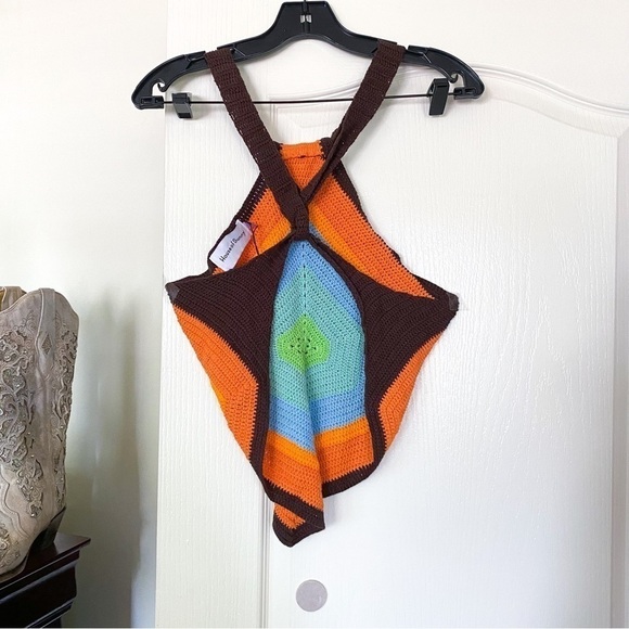 House Of Sunny Top Old Town Handkerchief Knit Halter Open-Back Retro Multi 8 GUC - Picture 7 of 11